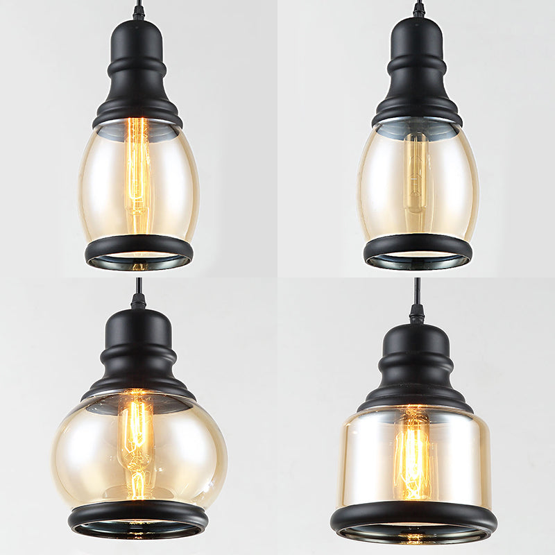 Industrial Multi-Pendant Ceiling Light With Amber Glass Shades For Coffee Shops