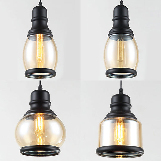 Industrial Multi-Pendant Ceiling Light With Amber Glass Shades For Coffee Shops
