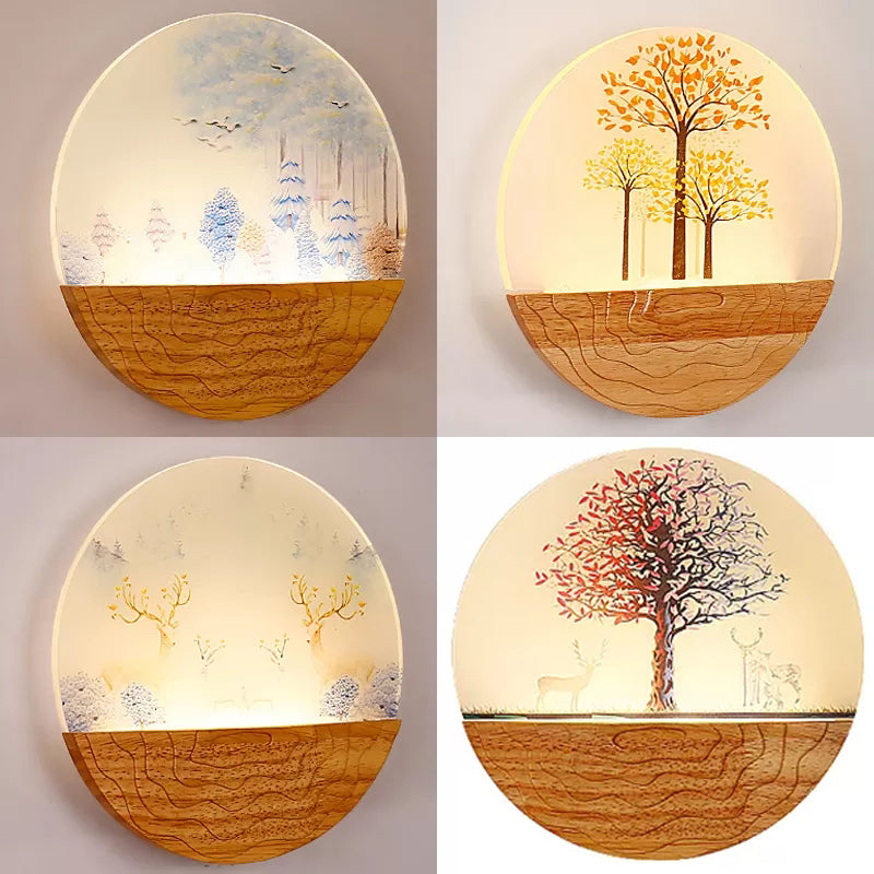 Circle Living Room Wall Light In Natural View Wood Rustic Beige