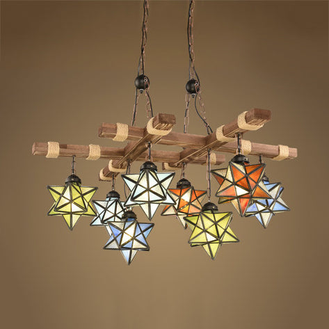 Rustic Stained Glass Loft Star Pendant Chandelier - 6/8 Lights Ideal For Restaurants
