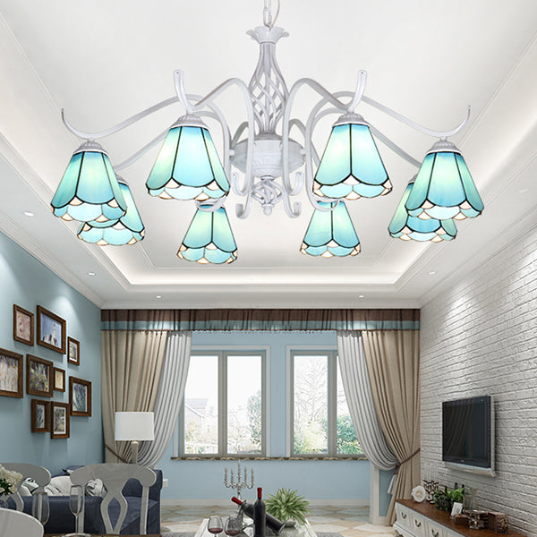Blue/White Tiffany Indoor Pendant Light: Multi Light Cone Chandelier With Metal Chain - Ideal For