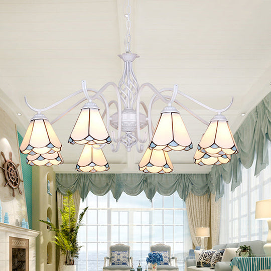 Blue/White Tiffany Indoor Pendant Light: Multi Light Cone Chandelier With Metal Chain - Ideal For