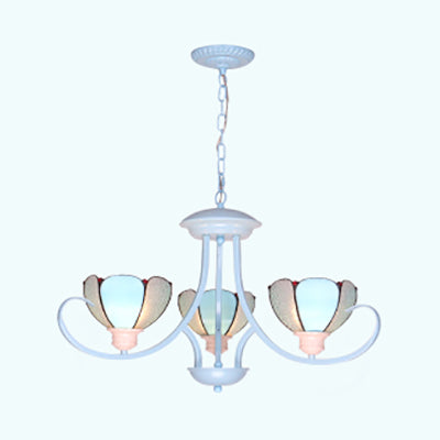 Stained Glass Petal Chandelier With Hanging Chain - Blue 3/6/8 Lights Modern Ceiling Light For Hall