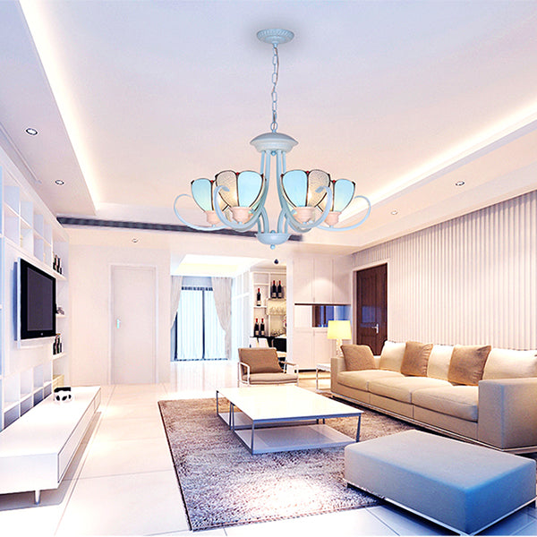 Stained Glass Petal Chandelier With Hanging Chain - Blue 3/6/8 Lights Modern Ceiling Light For Hall