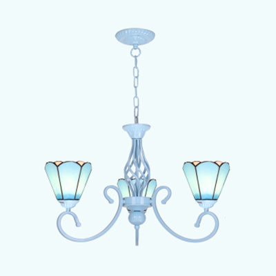 Blue/White Conical Hanging Chandelier - Metal Chain Tiffany 3-Light Stained Glass Drop Ceiling