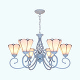 Tiffany Stained Glass Chandelier - Conical Design Metal Chain & Curved Arms 5/6 Lights White Pendant
