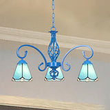 Tiffany Style Blue Curved Arm Chandelier With Stained Glass Shades & 3 Lights For Foyer Lighting