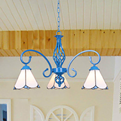 Blue Tiffany Chandelier - Curved Arms With Stained Glass Cone Shades 3 Lights Perfect For Foyer In