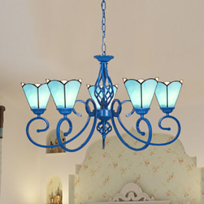 Blue And White Stained Glass Chandelier With Curved Arm Metal Chain