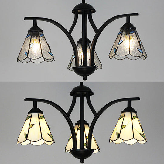 Rustic Black Chandelier Lighting With Blue/Green Leaf Design - 3 Lights 16’’ Metal Chain Hang Light