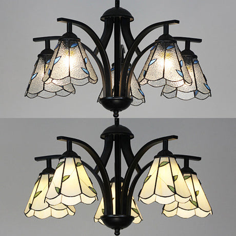 Adjustable Blue/Green Stained Glass Pendant Light: 5-Light Leaf Chandelier With 16 Metal Chain