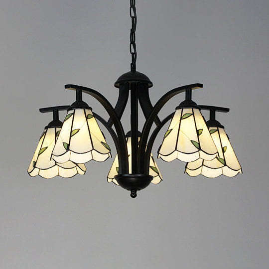 Adjustable Blue/Green Stained Glass Pendant Light: 5-Light Leaf Chandelier With 16 Metal Chain Green