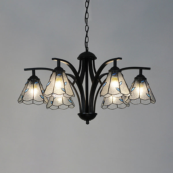 Rustic Stained Glass Chandelier With Leaf Design In Green/Blue - 6 Light Cone Hanging Fixture Black