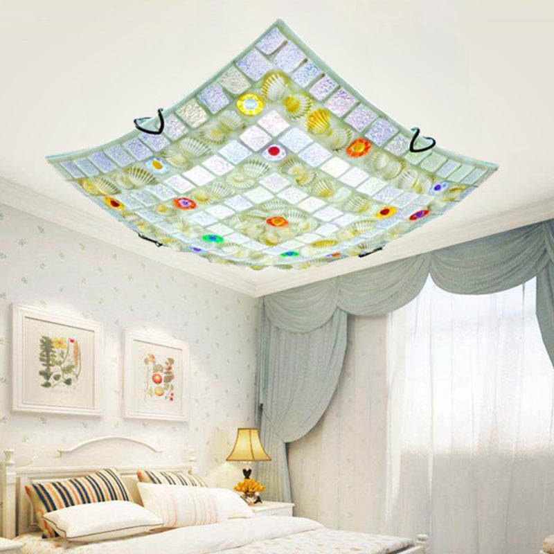 Tiffany Style Square Shell Flush Mount Ceiling Light With 3 Lights White - Ideal For Kitchen