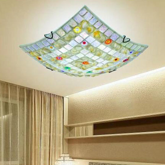 Tiffany Style Square Shell Flush Mount Ceiling Light With 3 Lights White - Ideal For Kitchen