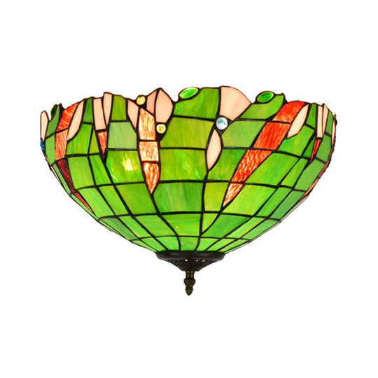 Baroque Cut Glass Domed Flush Mount Lighting Fixture With 3 Green Lights For Corridor