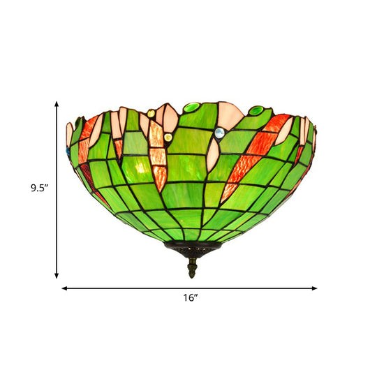 Baroque Cut Glass Domed Flush Mount Lighting Fixture With 3 Green Lights For Corridor