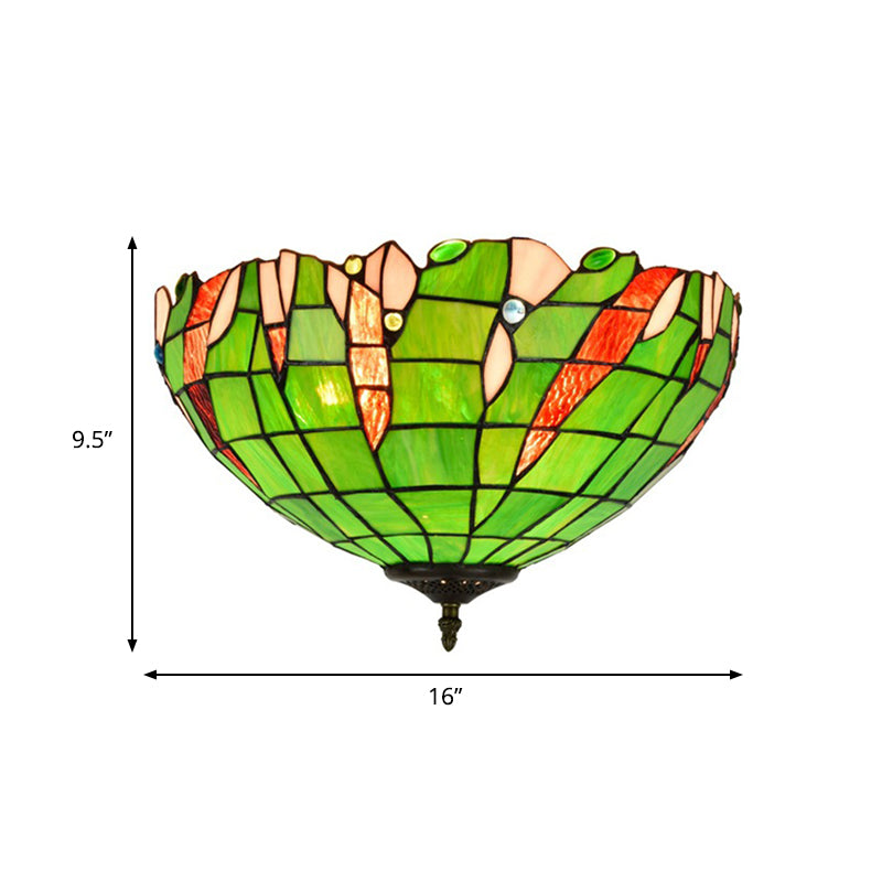 Baroque Cut Glass Domed Flush Mount Lighting Fixture With 3 Green Lights For Corridor