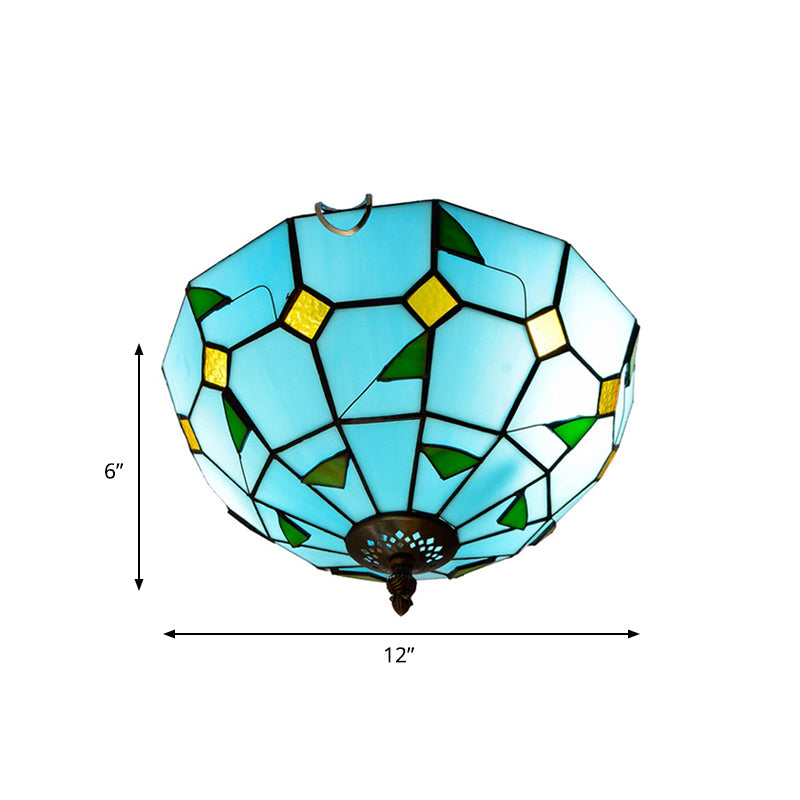 Blue Leaf Flush Ceiling Light Tiffany Stained Glass Lamp - 12/16 Wide 2/3 Lights