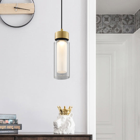 Sleek Simplicity: 1-Light Black & Gold Cylindrical Led Mini Pendant With Clear Glass Shade