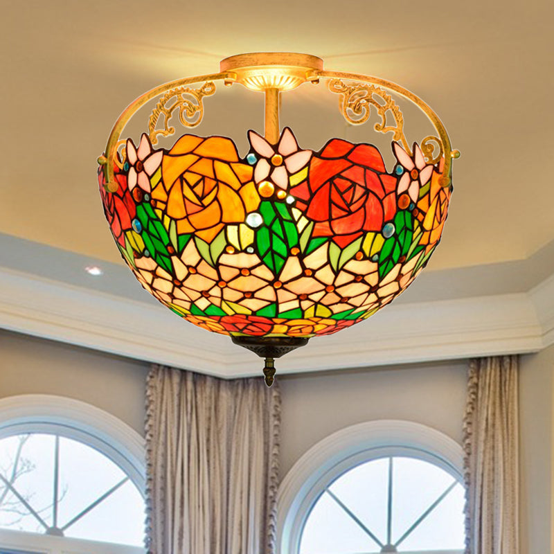 Elegant Mediterranean Cut Glass Rose Semi Flush Lighting - 3 - Light Beige/Pink/Orange Ceiling