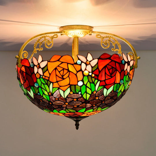 Elegant Mediterranean Cut Glass Rose Semi Flush Lighting - 3 - Light Beige/Pink/Orange Ceiling