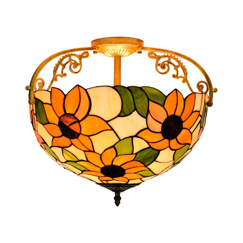 Elegant Mediterranean Cut Glass Rose Semi Flush Lighting - 3 - Light Beige/Pink/Orange Ceiling