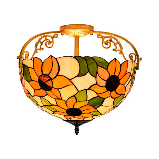Elegant Mediterranean Cut Glass Rose Semi Flush Lighting - 3 - Light Beige/Pink/Orange Ceiling