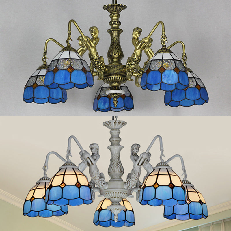 5-Light Tiffany Chandelier: Cut Glass Dome Pendant Lamp In White/Antique Brass With Mermaid Deco