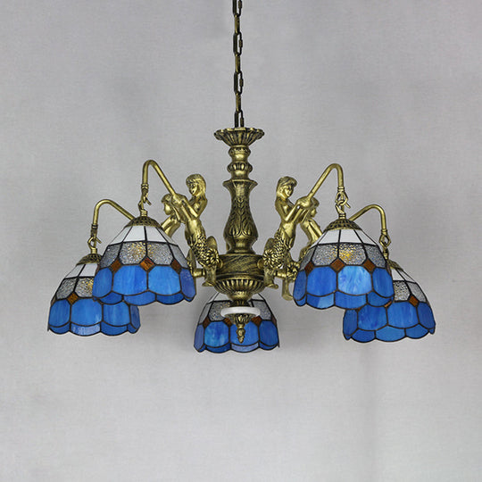 5-Light Tiffany Chandelier: Cut Glass Dome Pendant Lamp In White/Antique Brass With Mermaid Deco
