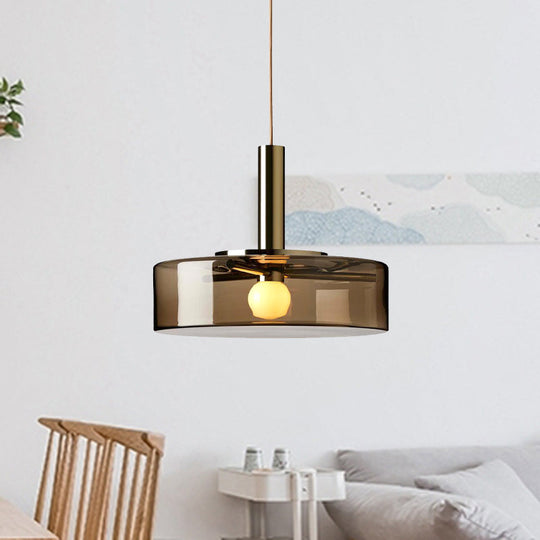 Smoke Gray Glass Drum Pendant Light For Modern Living Rooms