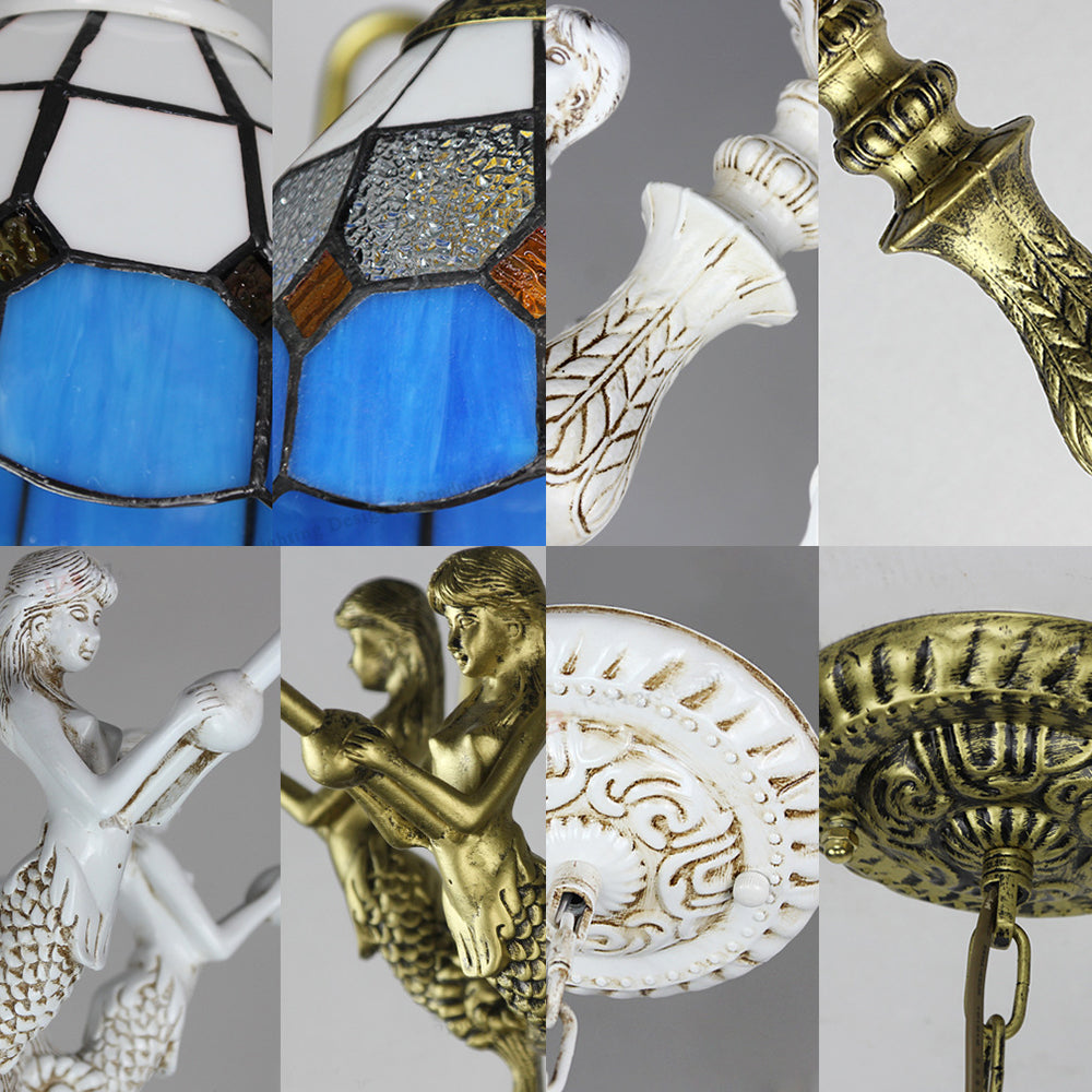 Stunning 5-Light Cut Glass Pendant Lamp: White/Antique Brass Tiffany Chandelier With Mermaid Deco