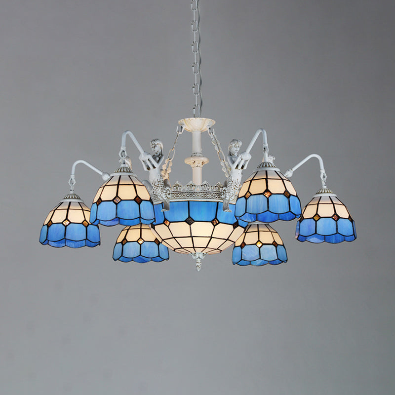 Tiffany Stained Glass Ceiling Chandelier With 9 Lights In Antique Brass/White Grid Pattern White