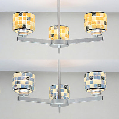 Modern Mosaic Chandelier With Drum Shade - 3 Lights Blue/Yellow Perfect For Bathrooms