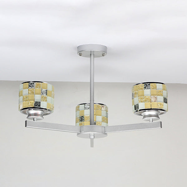 Modern Mosaic Chandelier With Drum Shade - 3 Lights Blue/Yellow Perfect For Bathrooms