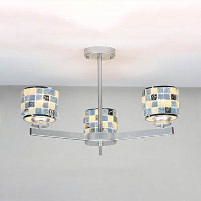 Modern Mosaic Chandelier With Drum Shade - 3 Lights Blue/Yellow Perfect For Bathrooms