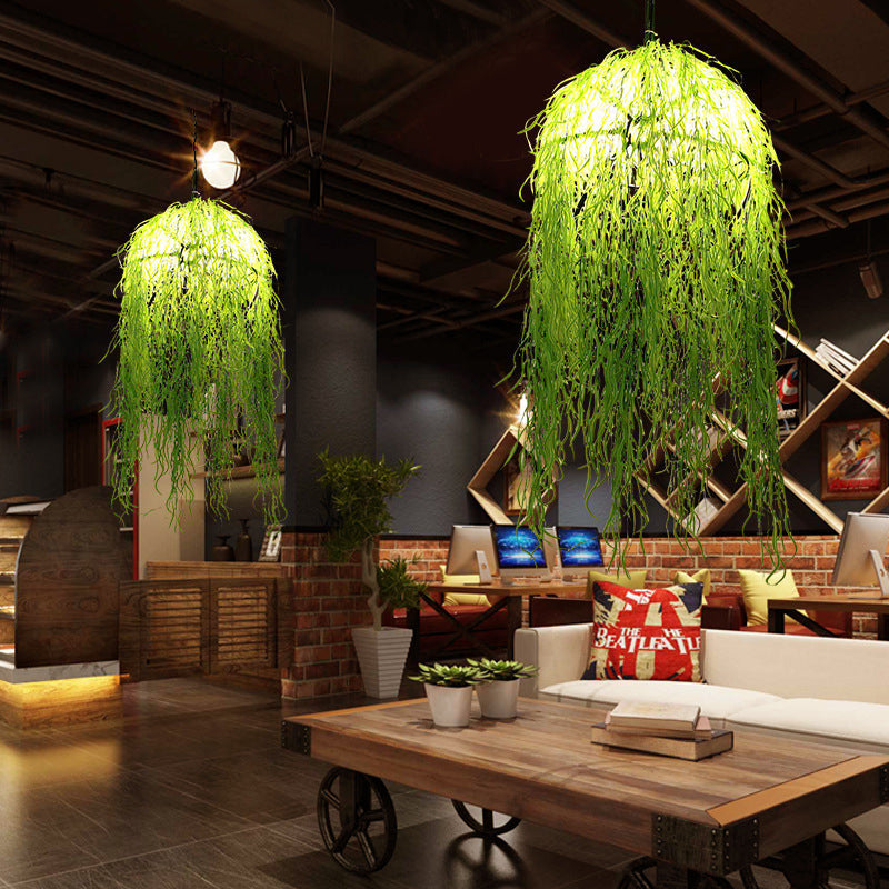 Industrial Green Metal Chandelier With Bell Cage Design And Wicker Ornament 18’/21.5’ Wide -