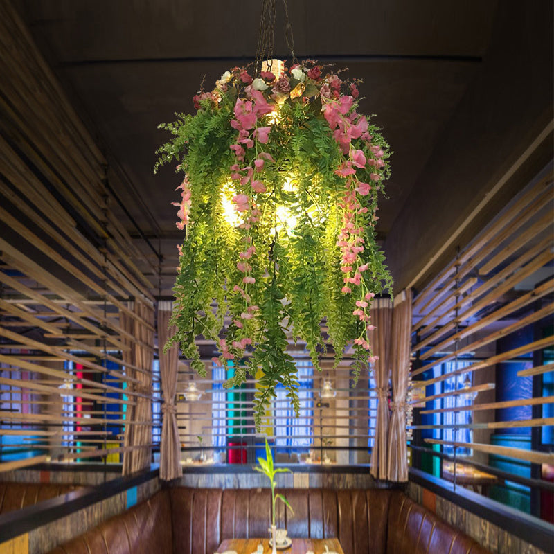 Industrial Metal Chandelier With 4 Green Head Plant Decorations - Hanging Pendant Light Fixture