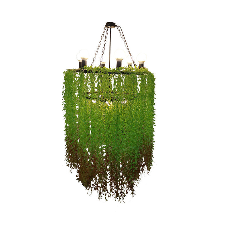 Cylinder Chandelier Lamp: 6 Heads Industrial Green Metal With Plant Decoration - Suspension Lighting