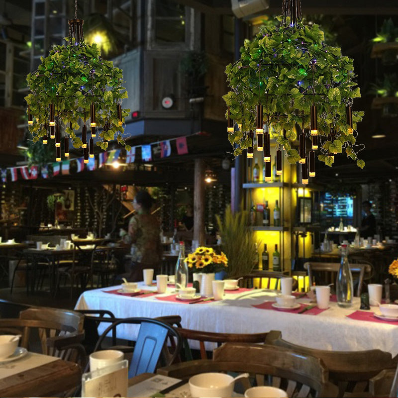 Modern Industrial Metal Chandelier Lamp - Wide Dome Design 22 Heads Hanging Light Kit With Plant