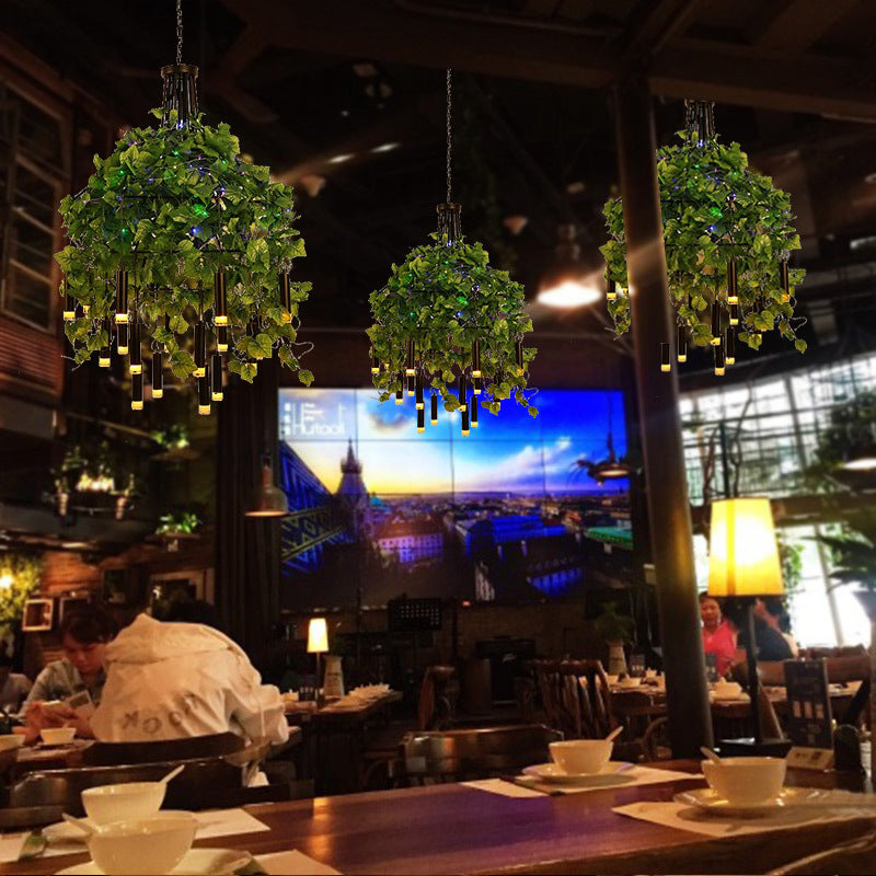 Modern Industrial Metal Chandelier Lamp - Wide Dome Design 22 Heads Hanging Light Kit With Plant