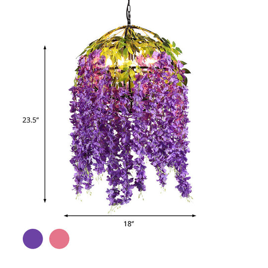 Metal Dome Pendant Chandelier With Pink/Purple Shades & Plant Design - 4/5 Heads 18/21.5 Wide