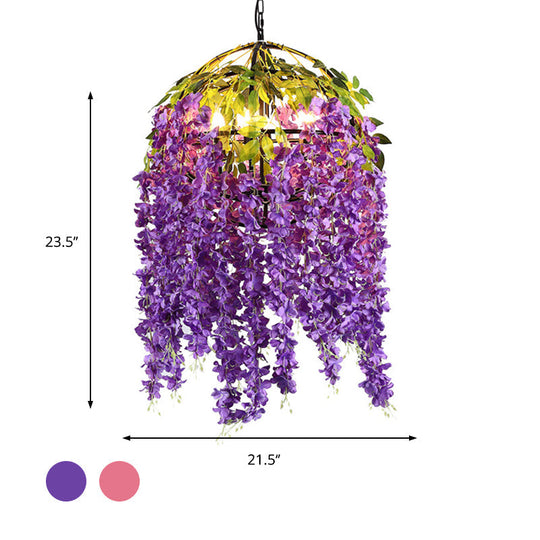 Industrial Metal Dome Pendant Chandelier With Pink/Purple 4/5 Heads Plant Design - 18’/21.5’ Wide