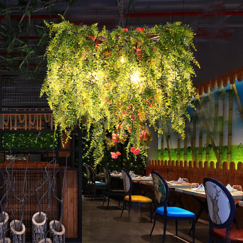 Green Led Industrial Metal Chandelier With Plant Decoration - 18’/23.5’/31.5’ Wide