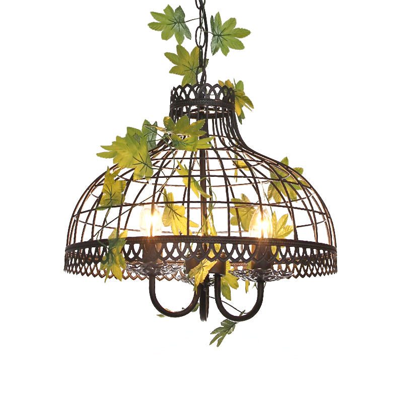 Industrial Metal Dome Pendant Light With 3 Heads And Flower Decoration - Black