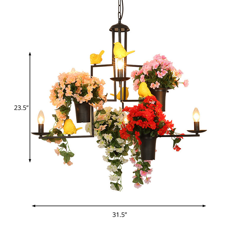 6-Light Industrial Black Metal Chandelier Pendant With Flower Decoration—Graceful Candelabra