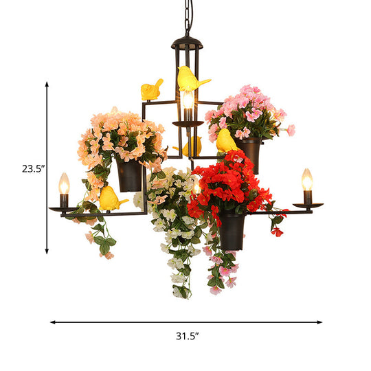 6-Light Industrial Black Metal Chandelier Pendant With Flower Decoration—Graceful Candelabra