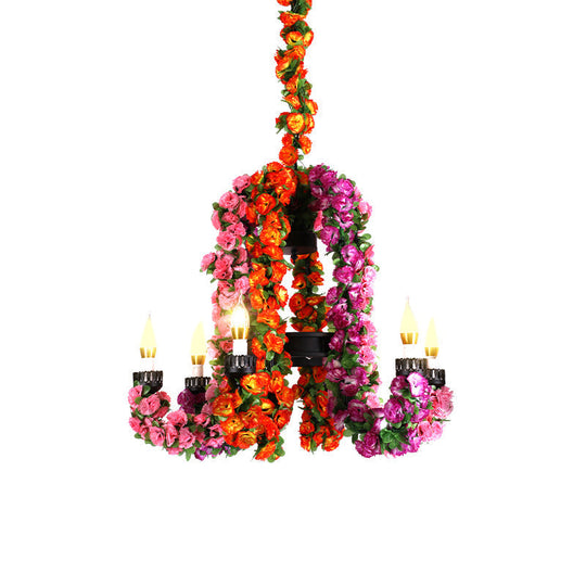 6-Head Metal Hanging Light Kit: Purple Curved Arm Chandelier With Flower Decoration - Industrial