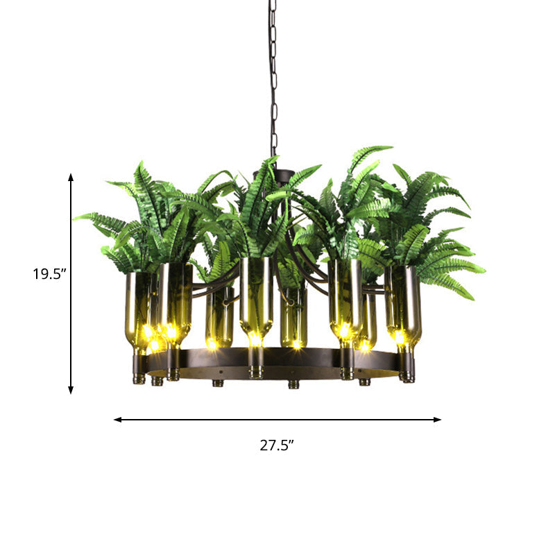 Industrial Metal 10-Head Green Chandelier With Plant Deco - Round Restaurant Ceiling Lamp