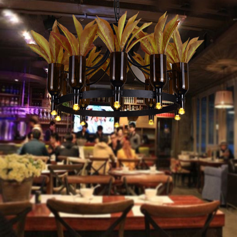 Industrial Round Pendant Light With Plant Decor And 10 Black Metal Lights